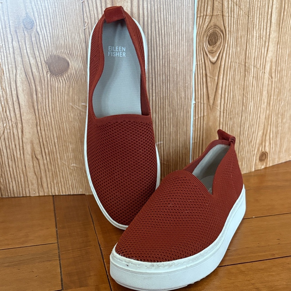 Eileen Fisher Prosper Platform Sneakers Brick Red Woven Slip Ons Size 10